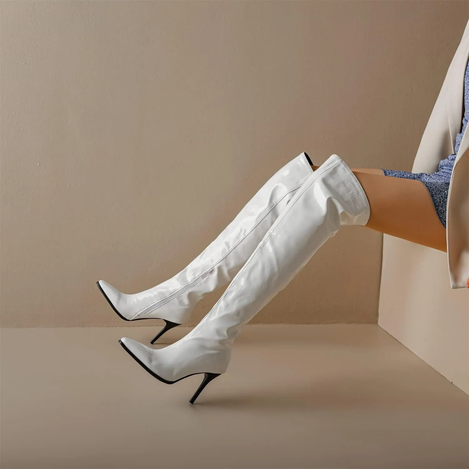 Womens Fashion 9CM High Heels Side Zipper Pointed Toe Over The Knee Boots Concise Knee High Booties