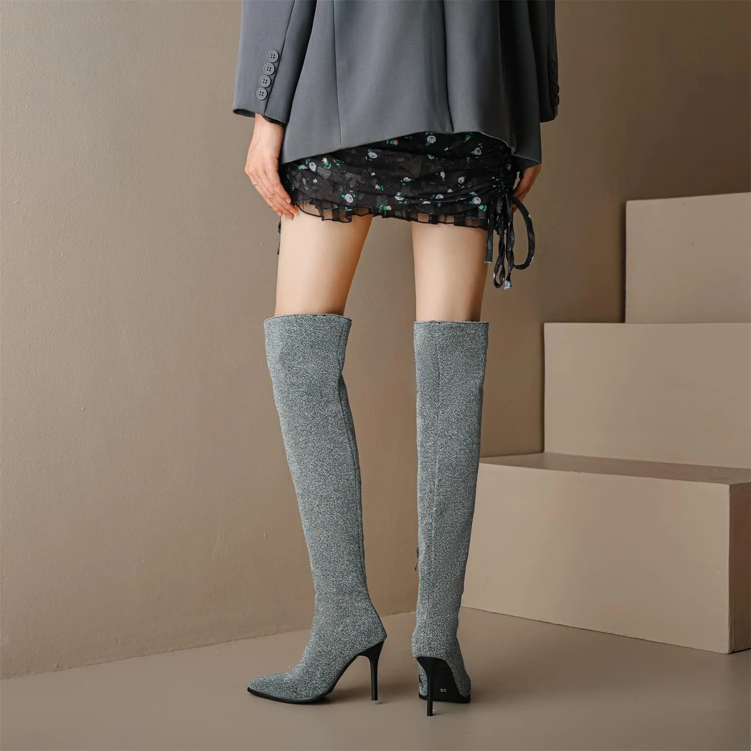 Womens Fashion 9CM High Heels Side Zipper Pointed Toe Over The Knee Boots Glitter Knee High Booties