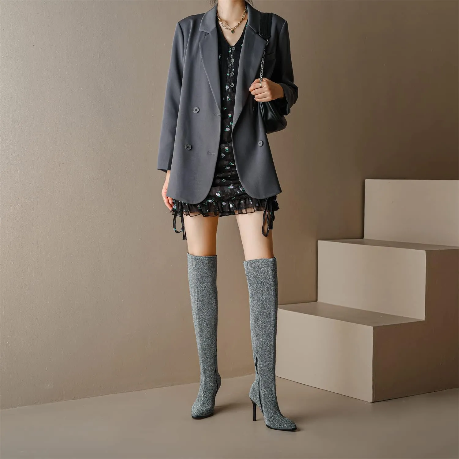 Womens Fashion 9CM High Heels Side Zipper Pointed Toe Over The Knee Boots Glitter Knee High Booties