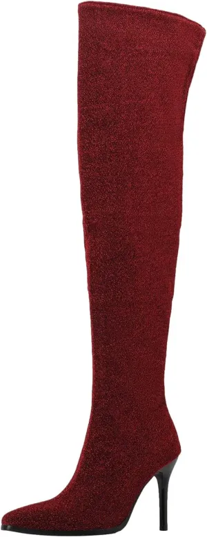 Womens Fashion 9CM High Heels Side Zipper Pointed Toe Over The Knee Boots Glitter Knee High Booties