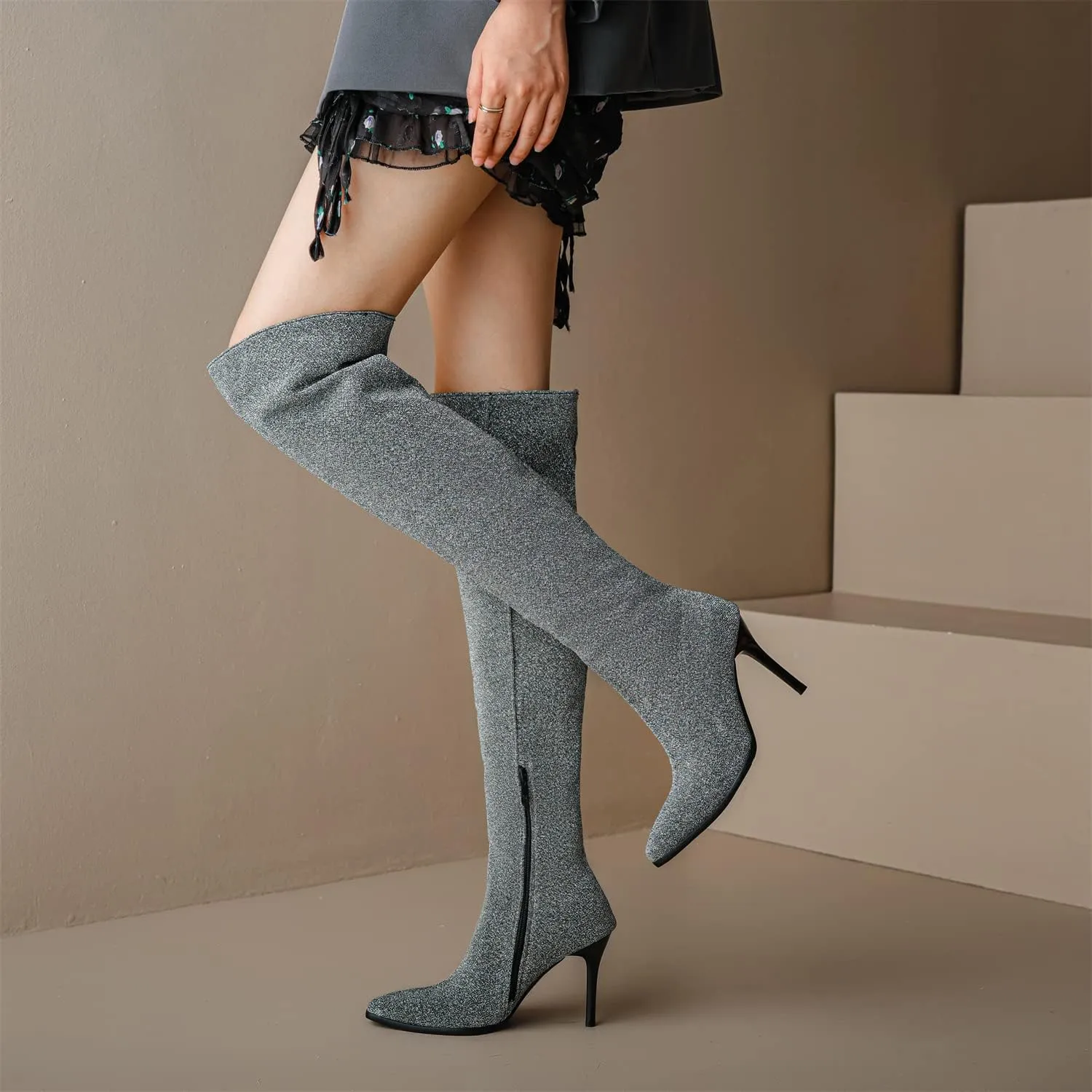 Womens Fashion 9CM High Heels Side Zipper Pointed Toe Over The Knee Boots Glitter Knee High Booties