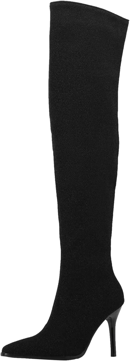 Womens Fashion 9CM High Heels Side Zipper Pointed Toe Over The Knee Boots Glitter Knee High Booties