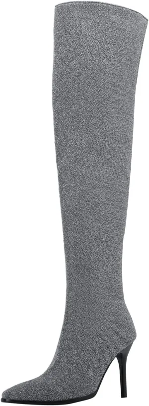 Womens Fashion 9CM High Heels Side Zipper Pointed Toe Over The Knee Boots Glitter Knee High Booties