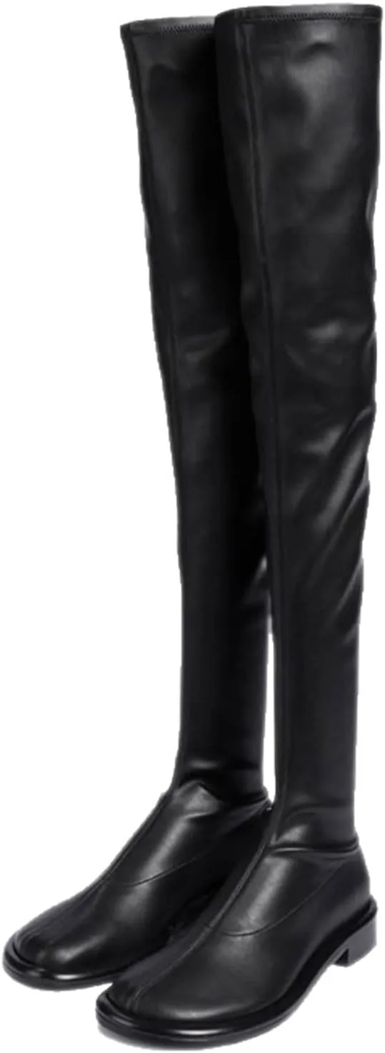 Women's Over The Knee Boots, Ladies Large Size Flat Heel Thigh High Boots Pull On Slimming Boots Low Heel Round Toe Comfortable Long Boots, 39 EU,Black