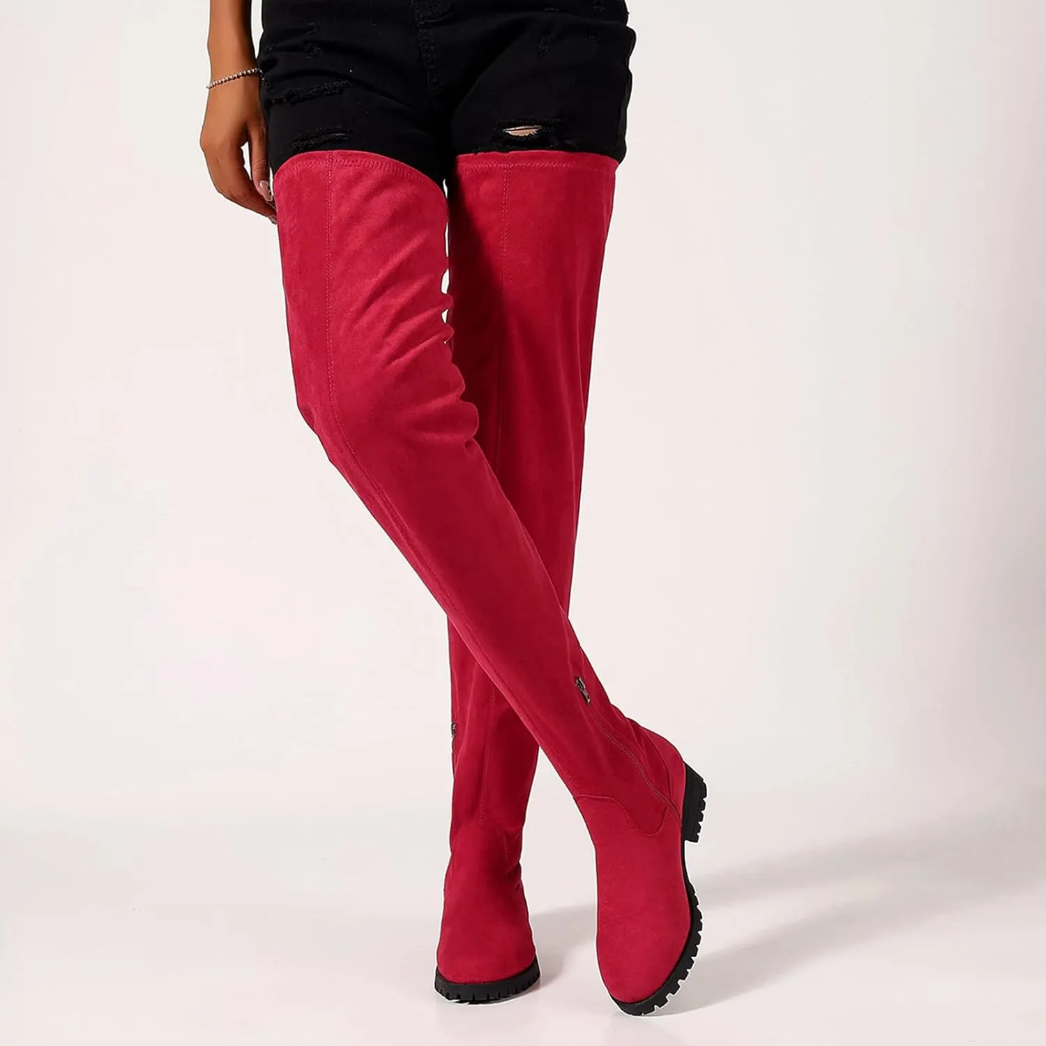Women's Over The Knee Thigh High Chunky Low Flat Heel Boots Long Stretch Zipper Sexy Fall Fashion Boots Black Red Purple US5-11