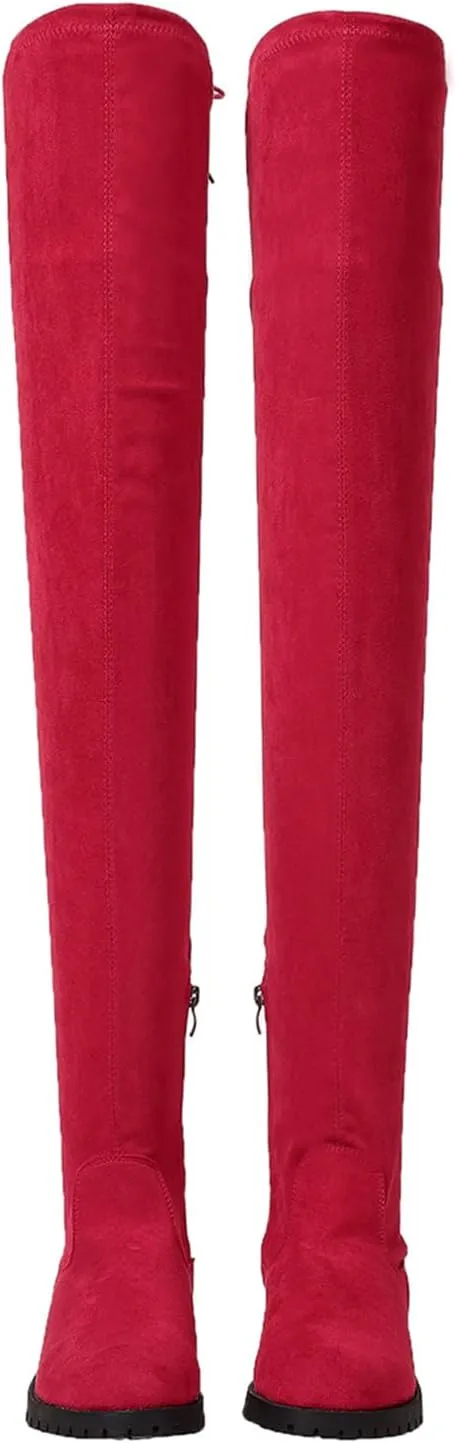 Women's Over The Knee Thigh High Chunky Low Flat Heel Boots Long Stretch Zipper Sexy Fall Fashion Boots Black Red Purple US5-11