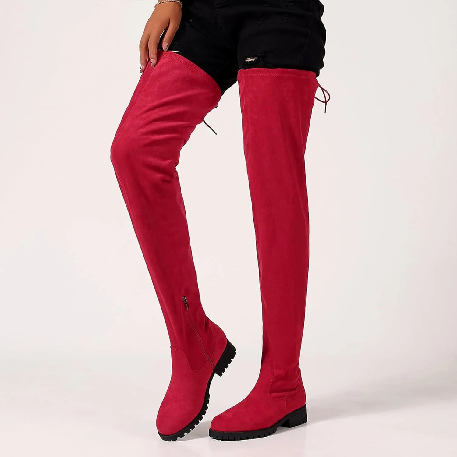 Women's Over The Knee Thigh High Chunky Low Flat Heel Boots Long Stretch Zipper Sexy Fall Fashion Boots Black Red Purple US5-11