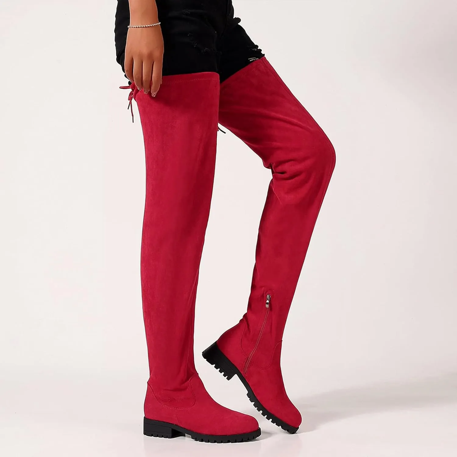 Women's Over The Knee Thigh High Chunky Low Flat Heel Boots Long Stretch Zipper Sexy Fall Fashion Boots Black Red Purple US5-11