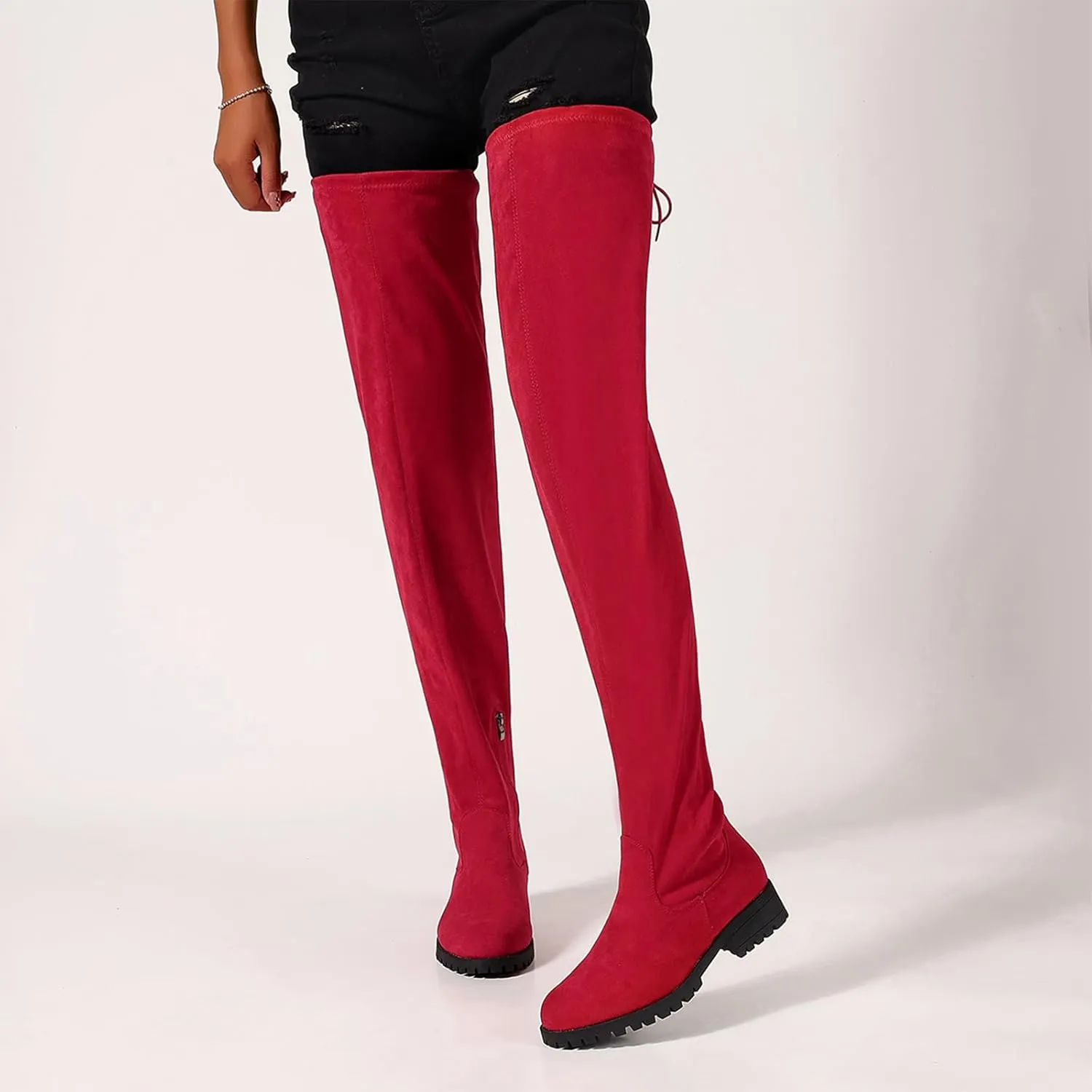 Women's Over The Knee Thigh High Chunky Low Flat Heel Boots Long Stretch Zipper Sexy Fall Fashion Boots Black Red Purple US5-11