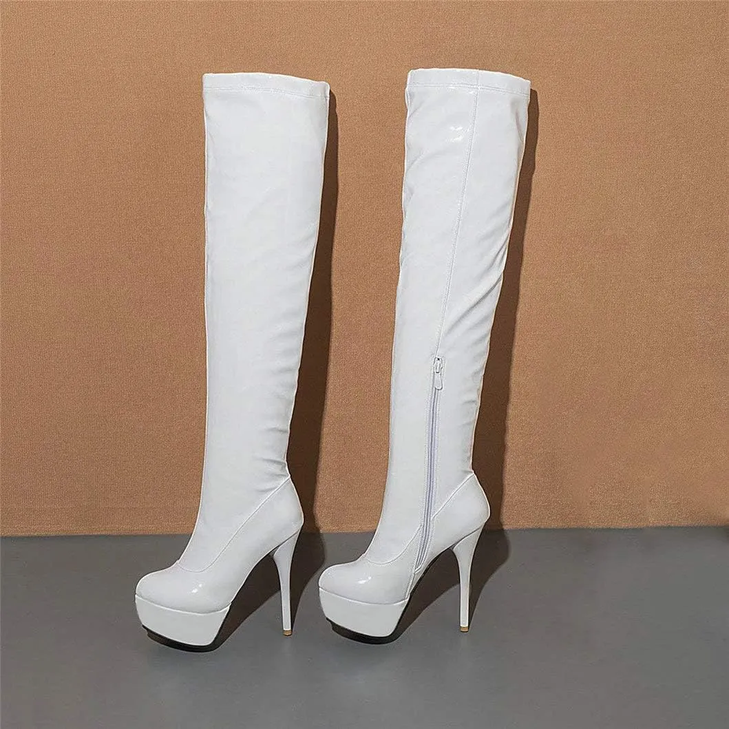 Womens Patent Leather Stiletto Heels Thigh High Boots Platform Round Toe Over The Knee Boots with Zip