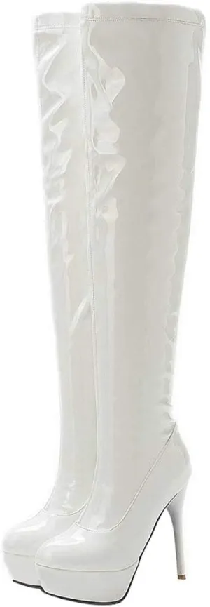 Womens Patent Leather Stiletto Heels Thigh High Boots Platform Round Toe Over The Knee Boots with Zip