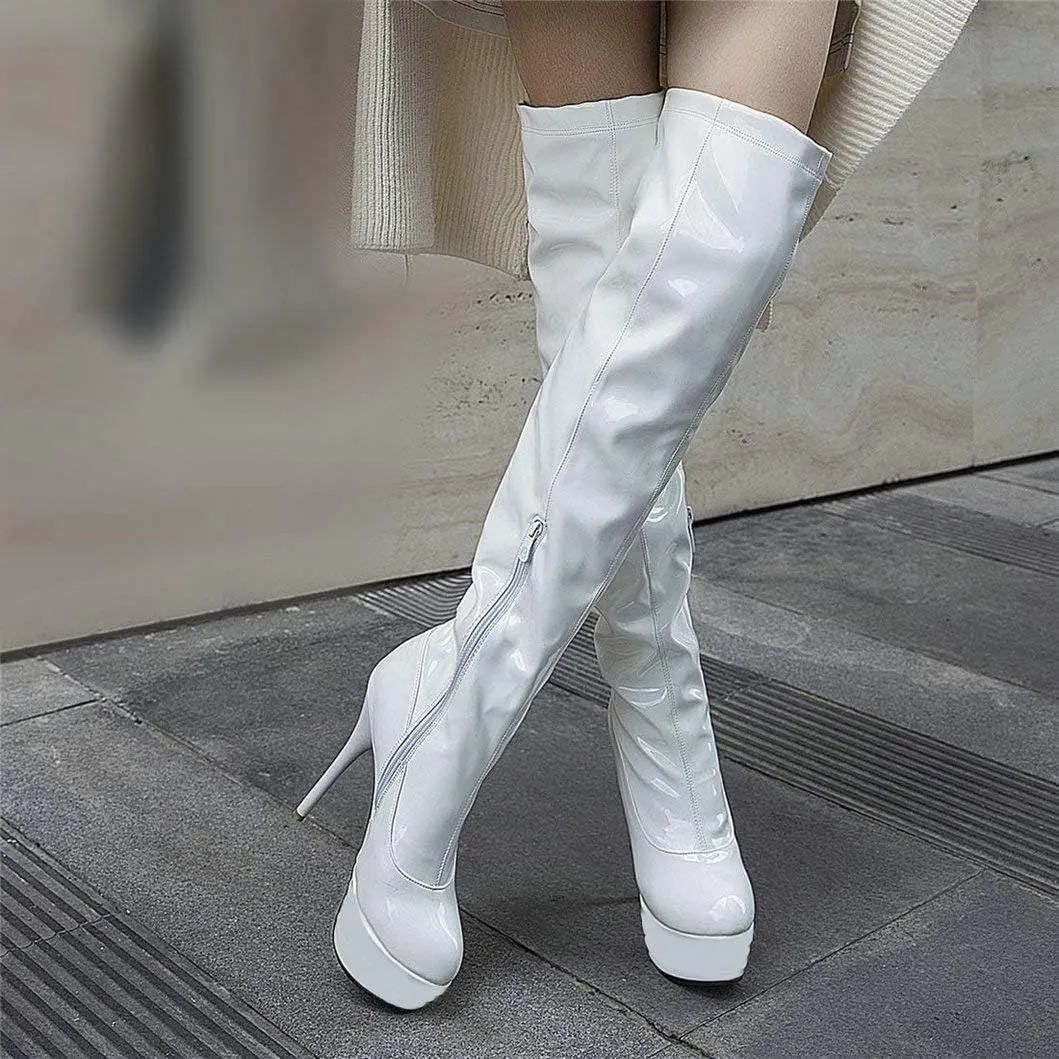 Womens Patent Leather Stiletto Heels Thigh High Boots Platform Round Toe Over The Knee Boots with Zip