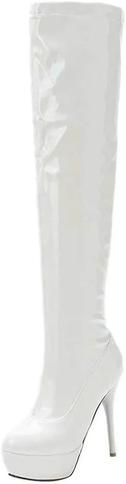 Womens Patent Leather Stiletto Heels Thigh High Boots Platform Round Toe Over The Knee Boots with Zip