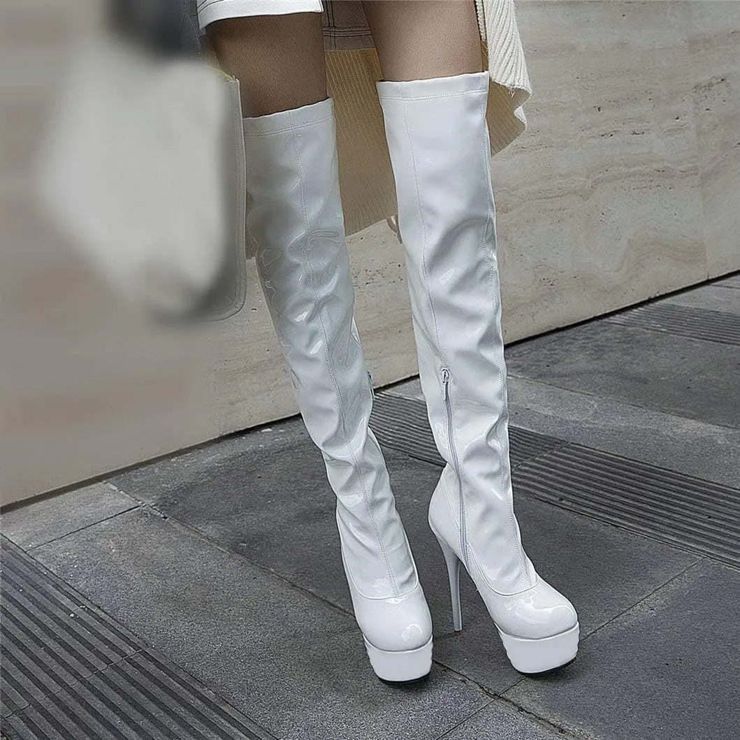 Womens Patent Leather Stiletto Heels Thigh High Boots Platform Round Toe Over The Knee Boots with Zip