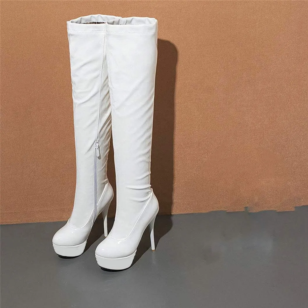 Womens Patent Leather Stiletto Heels Thigh High Boots Platform Round Toe Over The Knee Boots with Zip