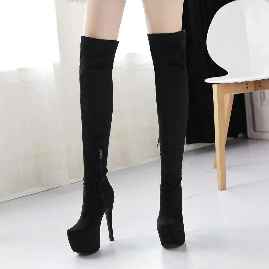 Womens Platform Thigh High Stiletto Heel Boots Round Toe Over The Knee Boots with Side Zipper