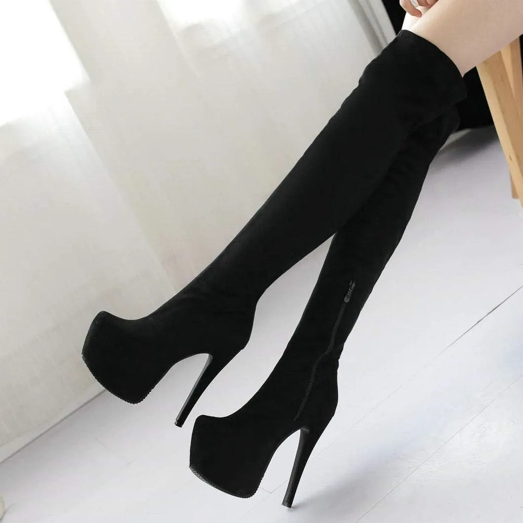 Womens Platform Thigh High Stiletto Heel Boots Round Toe Over The Knee Boots with Side Zipper