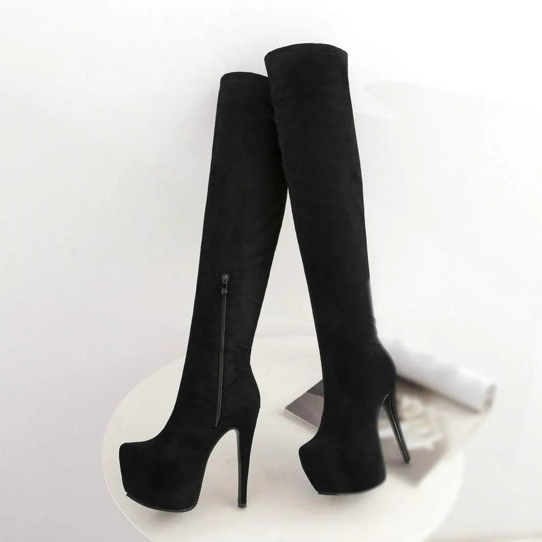 Womens Platform Thigh High Stiletto Heel Boots Round Toe Over The Knee Boots with Side Zipper