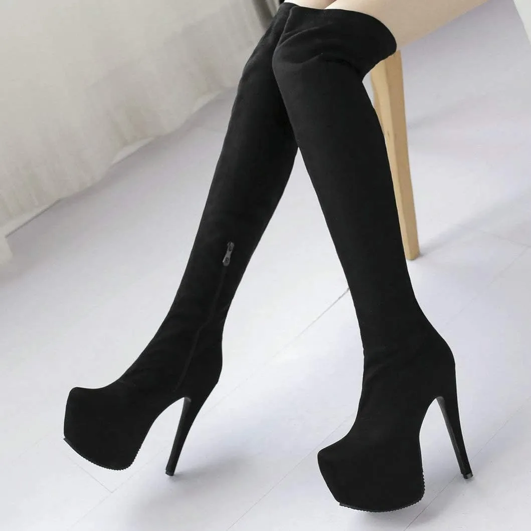 Womens Platform Thigh High Stiletto Heel Boots Round Toe Over The Knee Boots with Side Zipper