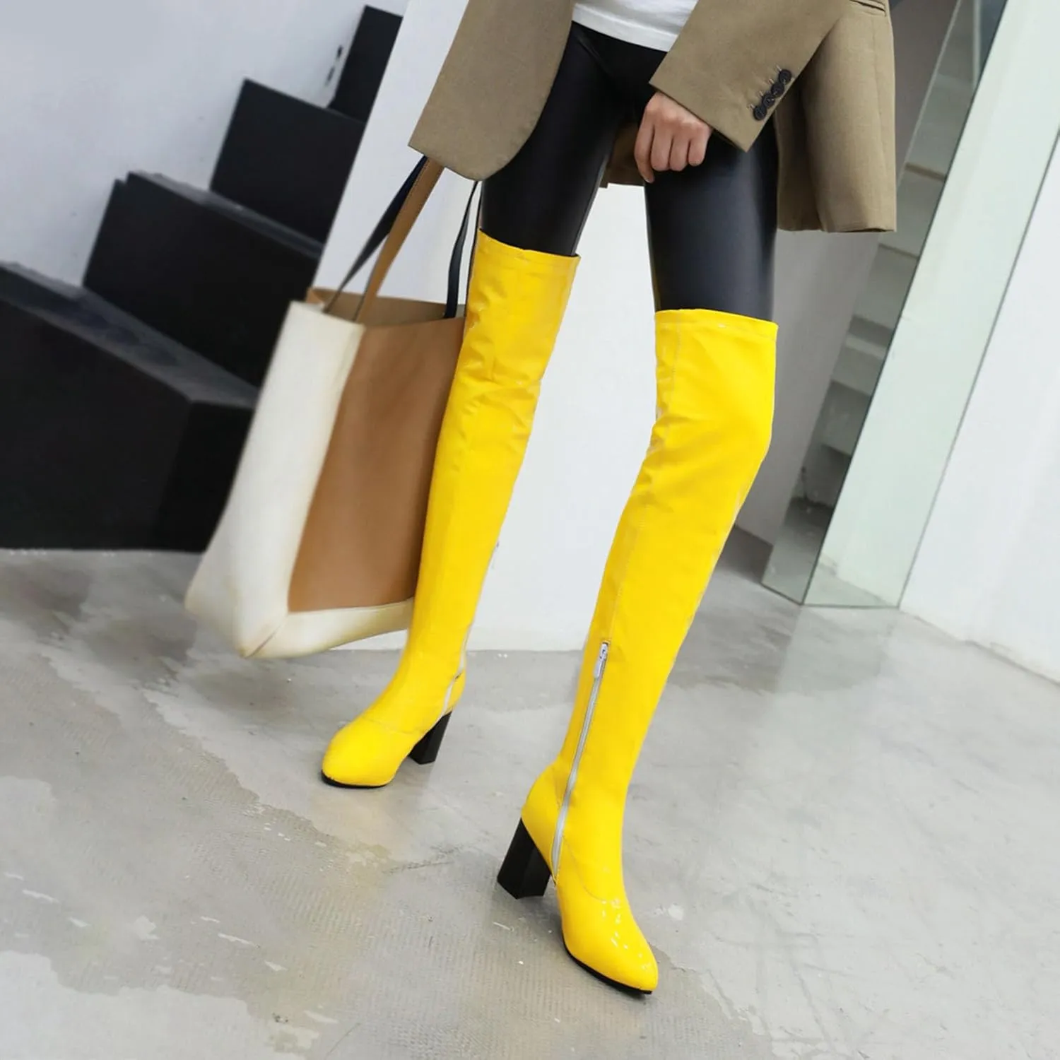 Womens Pointy Patent Leather Thigh High Block Heel Over The Knee Boots Zip Up