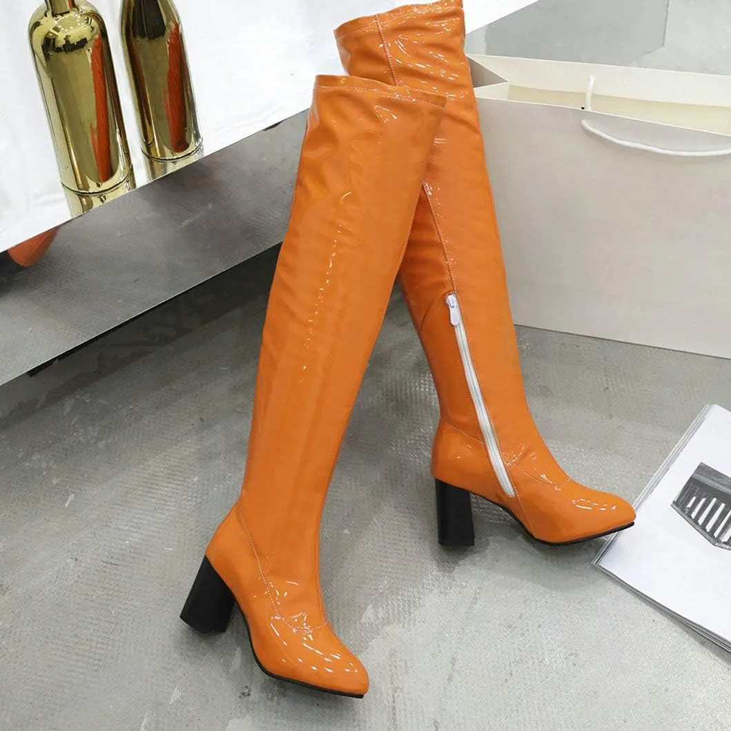 Womens Pointy Patent Leather Thigh High Block Heel Over The Knee Boots Zip Up