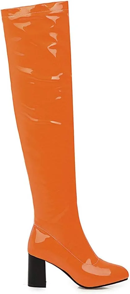 Womens Pointy Patent Leather Thigh High Block Heel Over The Knee Boots Zip Up