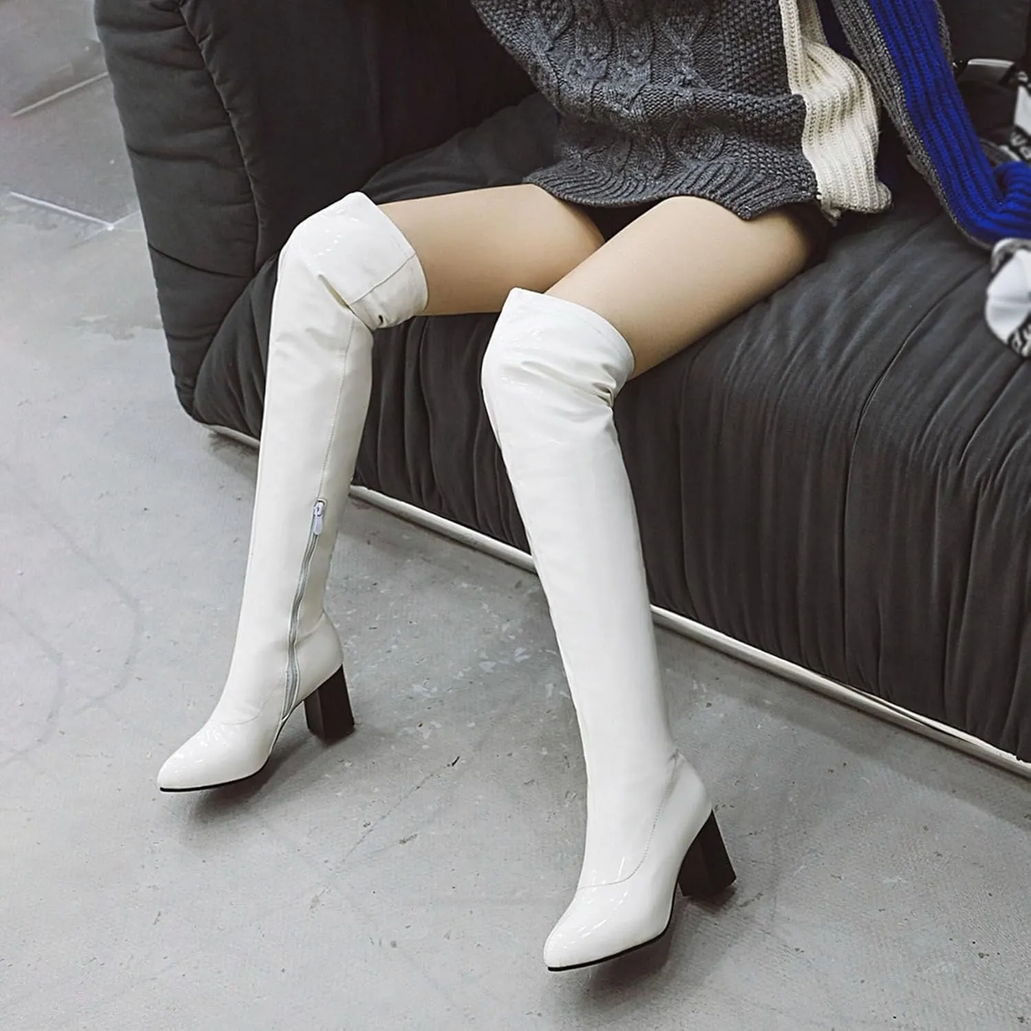 Womens Pointy Patent Leather Thigh High Block Heel Over The Knee Boots Zip Up