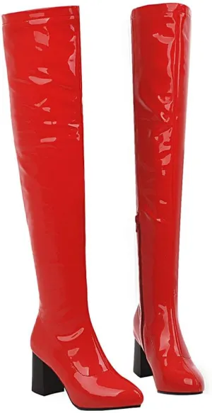 Womens Pointy Patent Leather Thigh High Block Heel Over The Knee Boots Zip Up