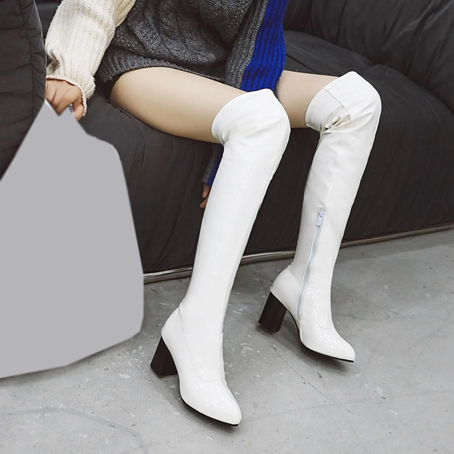 Womens Pointy Patent Leather Thigh High Block Heel Over The Knee Boots Zip Up
