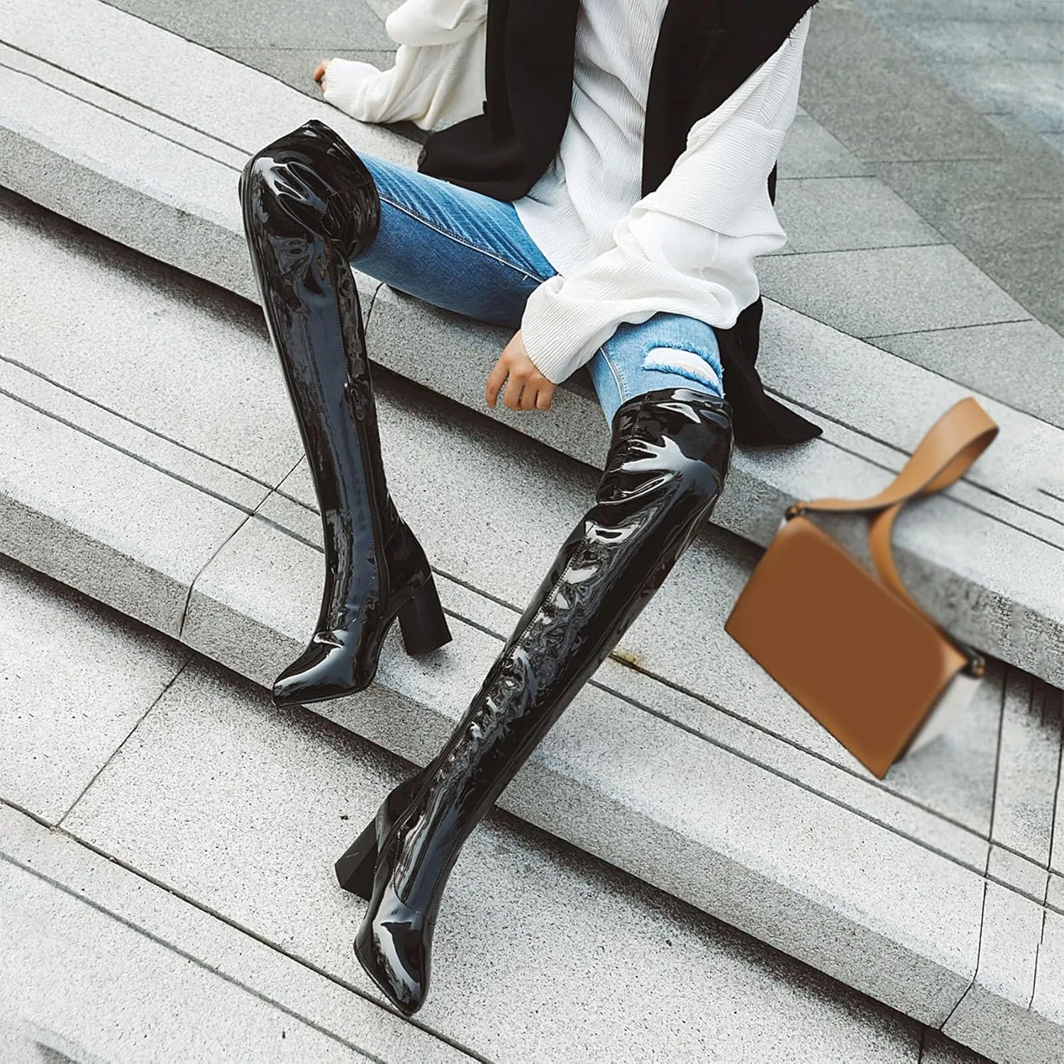 Womens Pointy Patent Leather Thigh High Block Heel Over The Knee Boots Zip Up