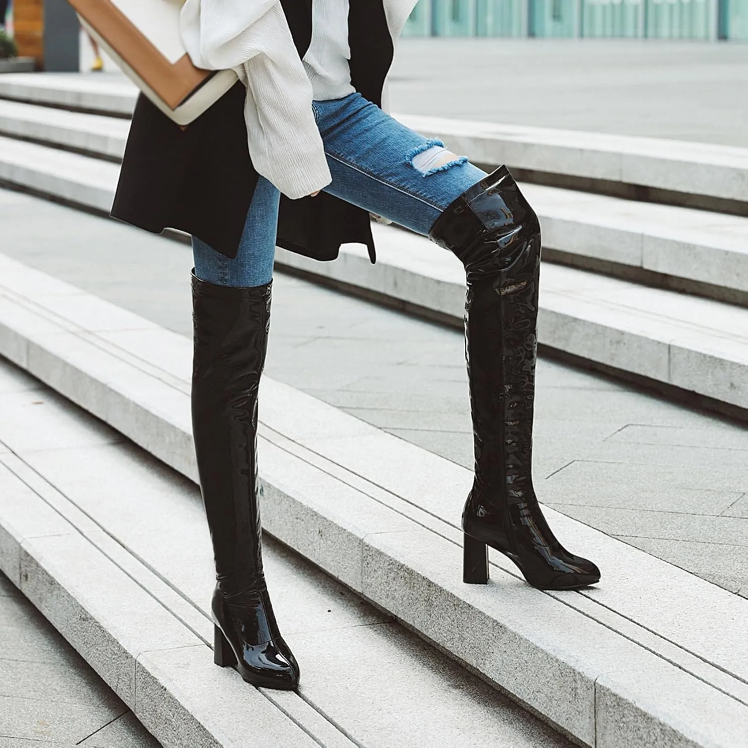 Womens Pointy Patent Leather Thigh High Block Heel Over The Knee Boots Zip Up