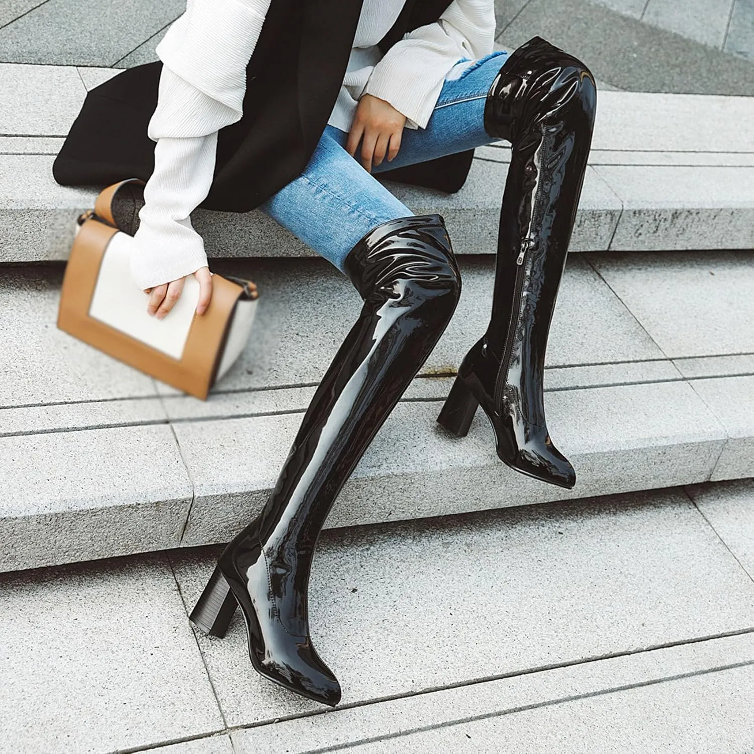 Womens Pointy Patent Leather Thigh High Block Heel Over The Knee Boots Zip Up