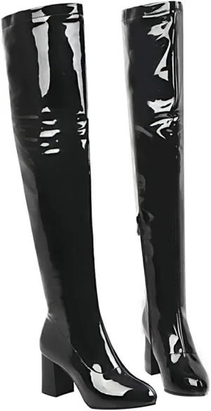 Womens Pointy Patent Leather Thigh High Block Heel Over The Knee Boots Zip Up