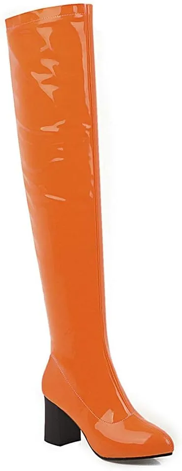 Womens Pointy Patent Leather Thigh High Block Heel Over The Knee Boots Zip Up