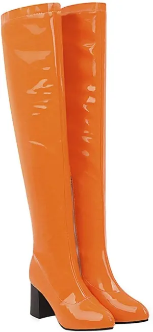 Womens Pointy Patent Leather Thigh High Block Heel Over The Knee Boots Zip Up