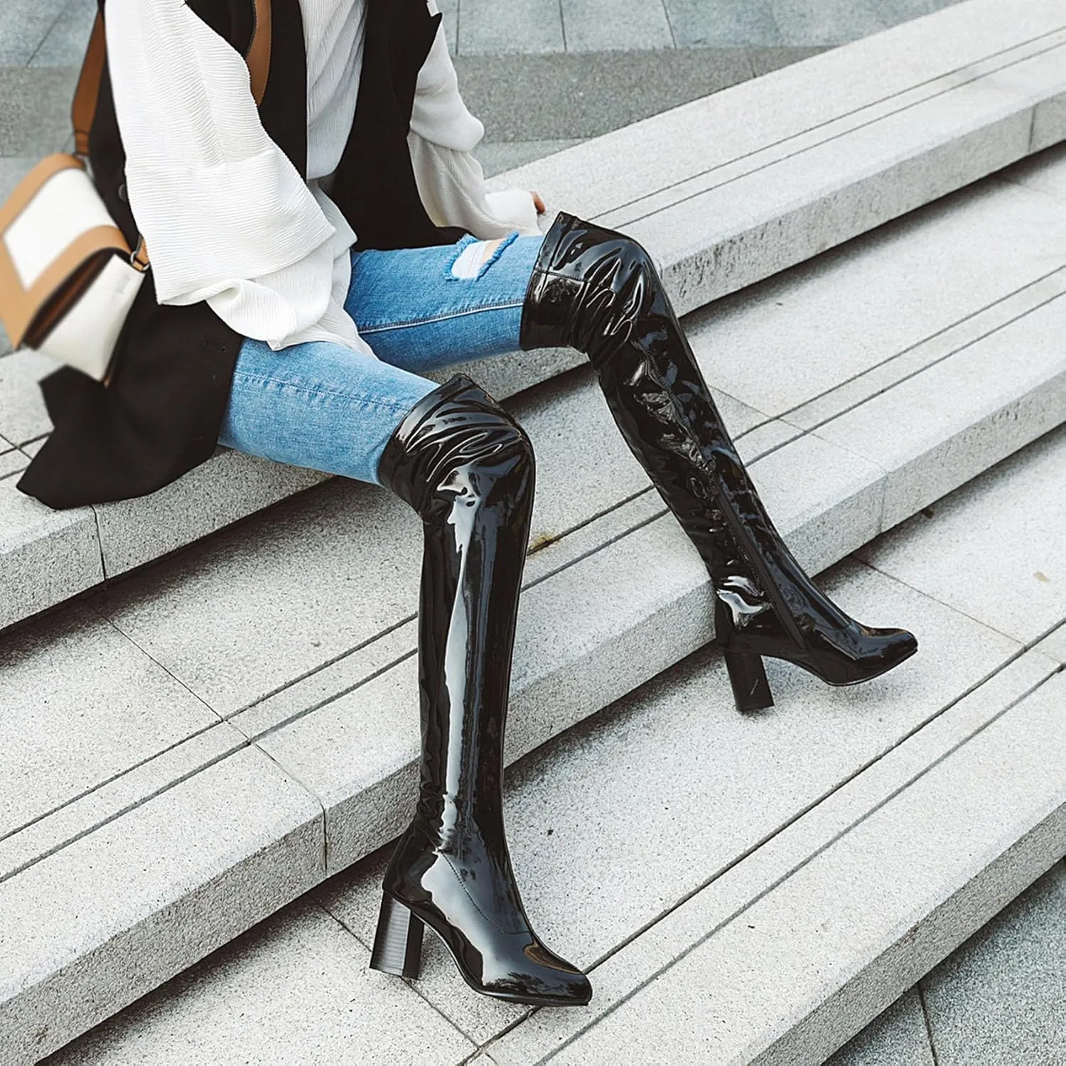 Womens Pointy Patent Leather Thigh High Block Heel Over The Knee Boots Zip Up