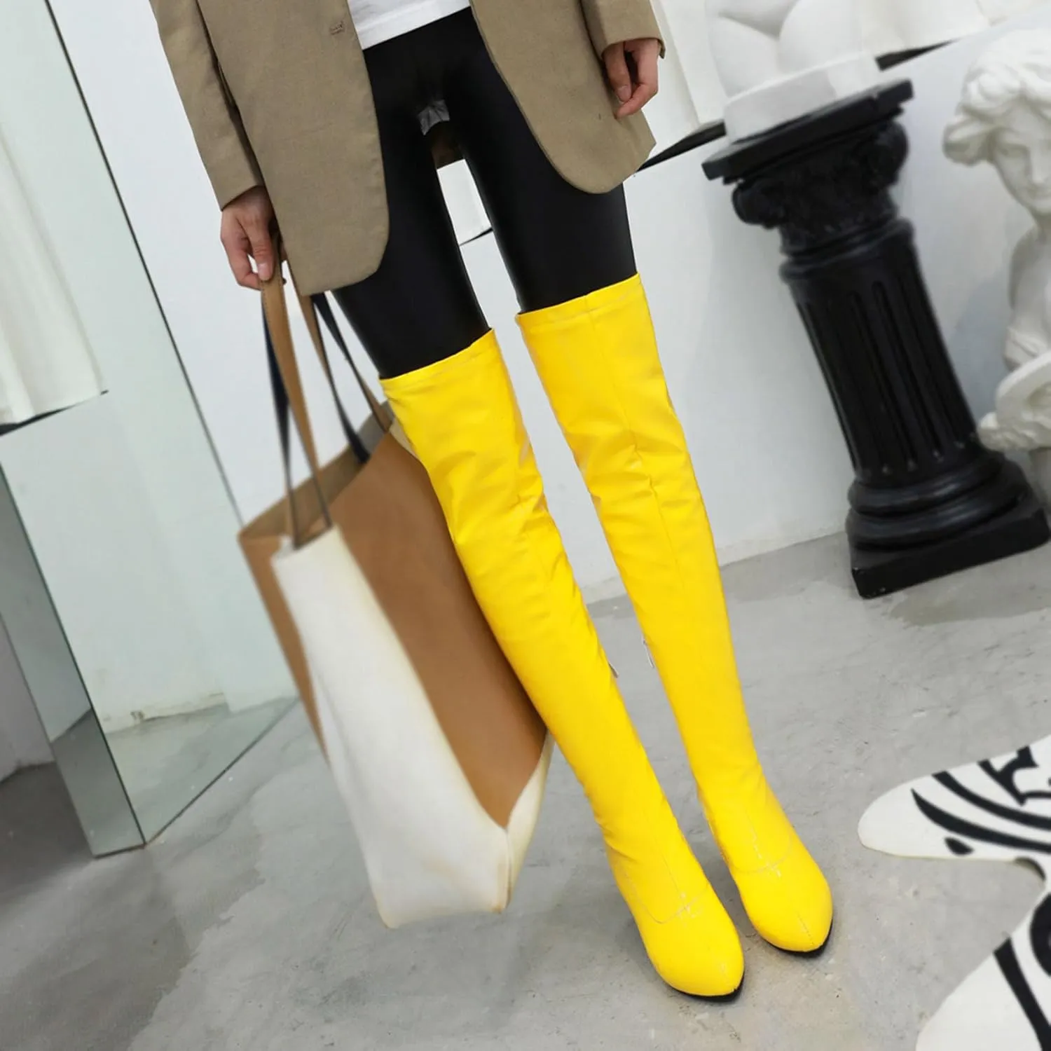 Womens Pointy Patent Leather Thigh High Block Heel Over The Knee Boots Zip Up