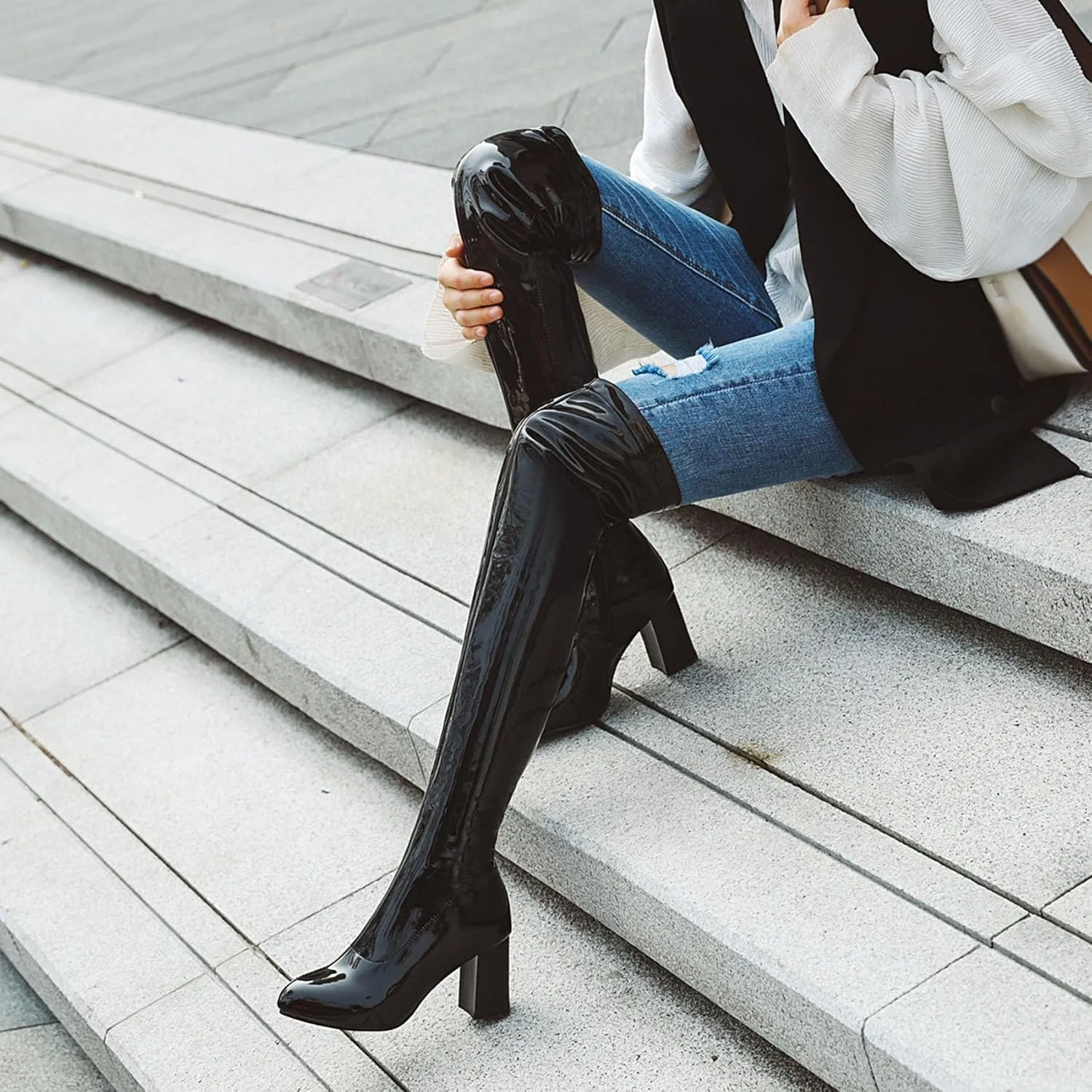 Womens Pointy Patent Leather Thigh High Block Heel Over The Knee Boots Zip Up