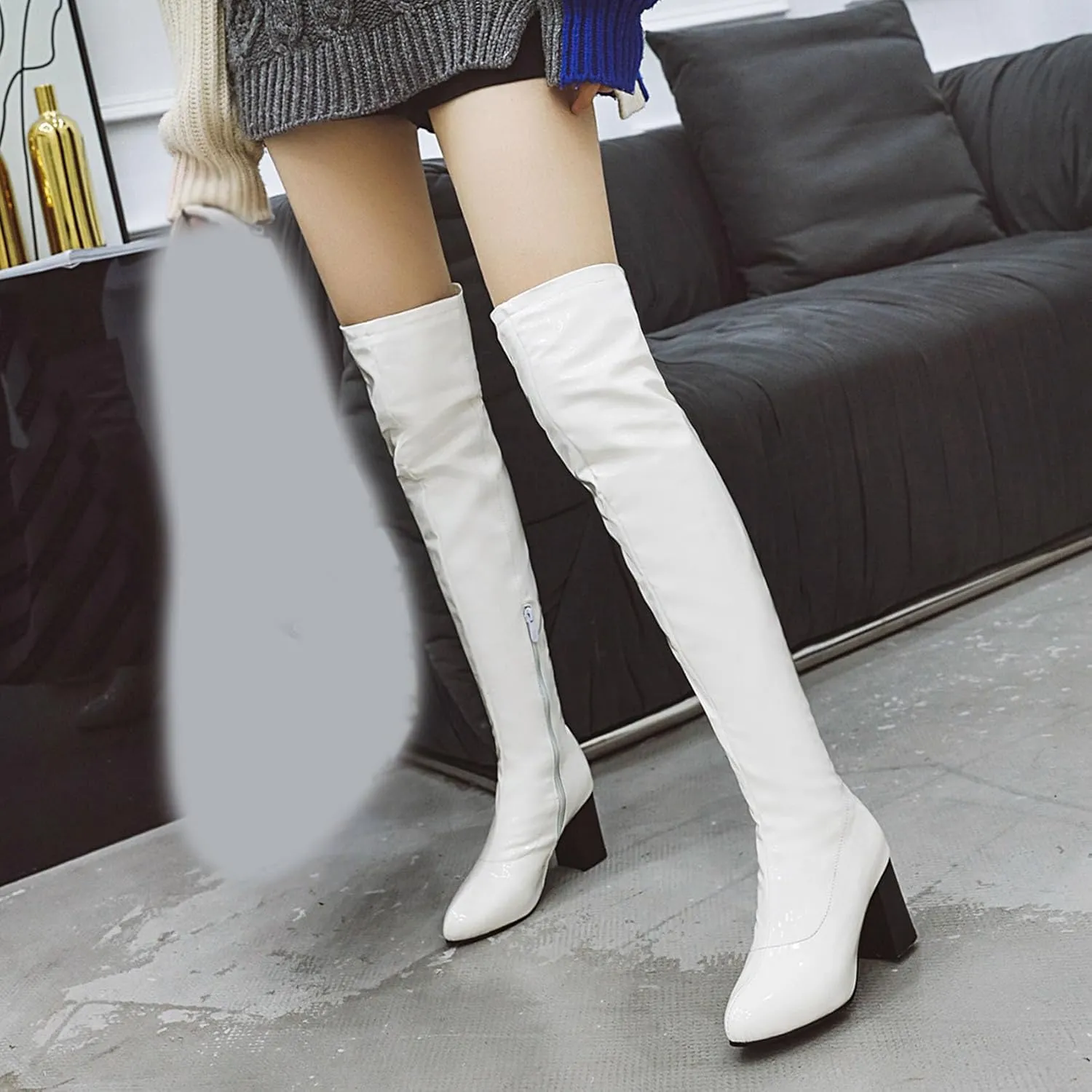 Womens Pointy Patent Leather Thigh High Block Heel Over The Knee Boots Zip Up