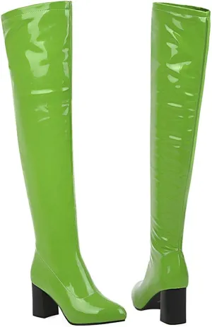 Womens Pointy Patent Leather Thigh High Block Heel Over The Knee Boots Zip Up