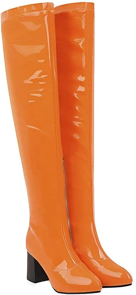 Womens Pointy Patent Leather Thigh High Block Heel Over The Knee Boots Zip Up