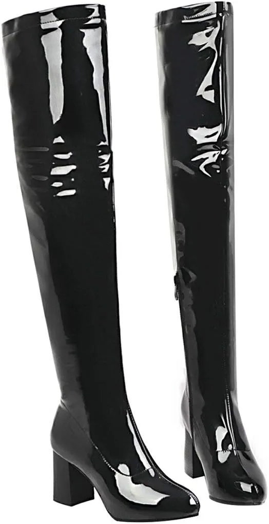 Womens Pointy Patent Leather Thigh High Block Heel Over The Knee Boots Zip Up