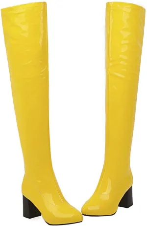Womens Pointy Patent Leather Thigh High Block Heel Over The Knee Boots Zip Up