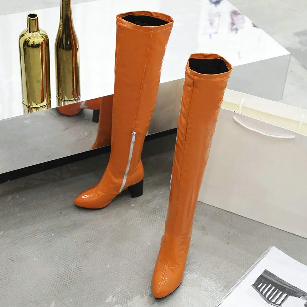 Womens Pointy Patent Leather Thigh High Block Heel Over The Knee Boots Zip Up