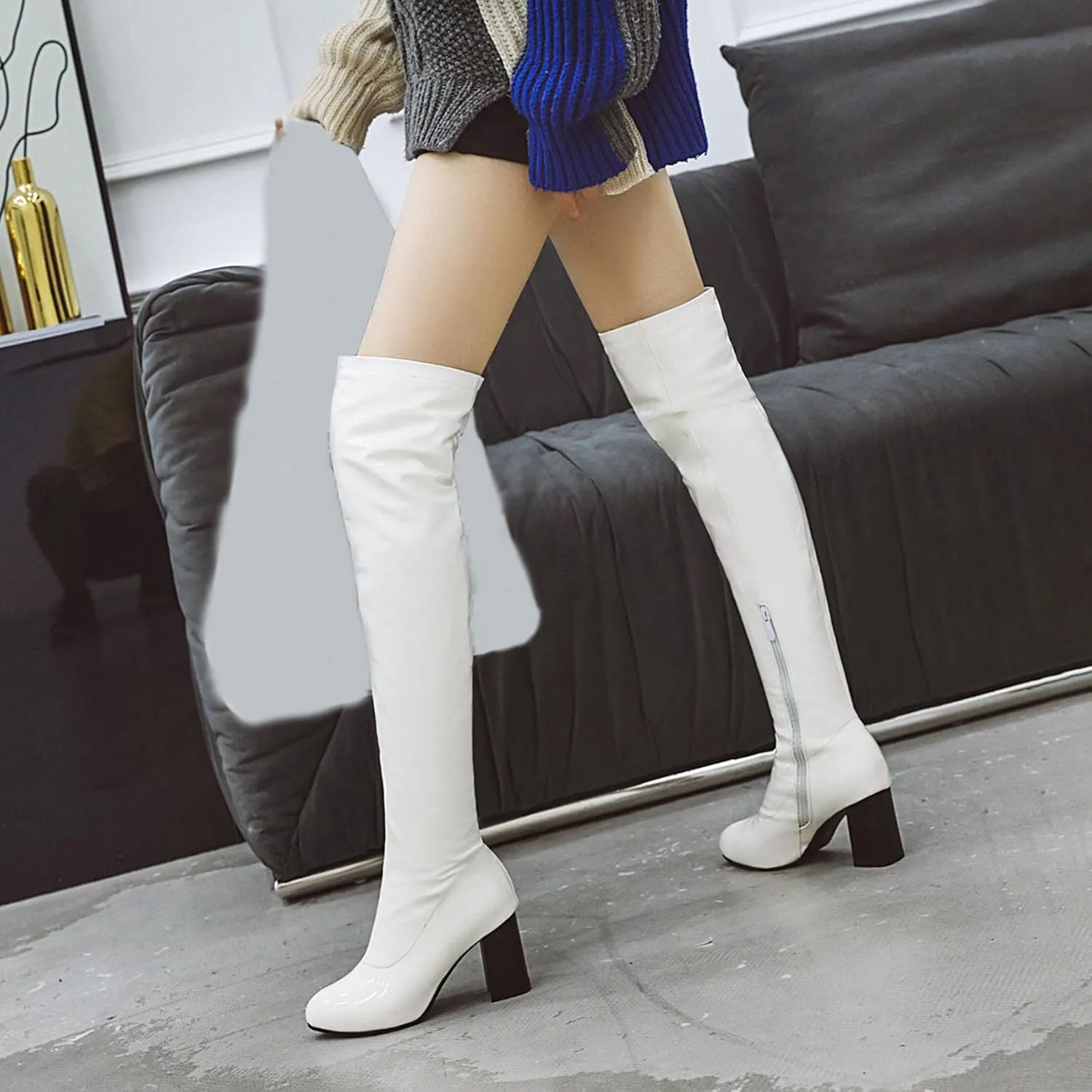 Womens Pointy Patent Leather Thigh High Block Heel Over The Knee Boots Zip Up