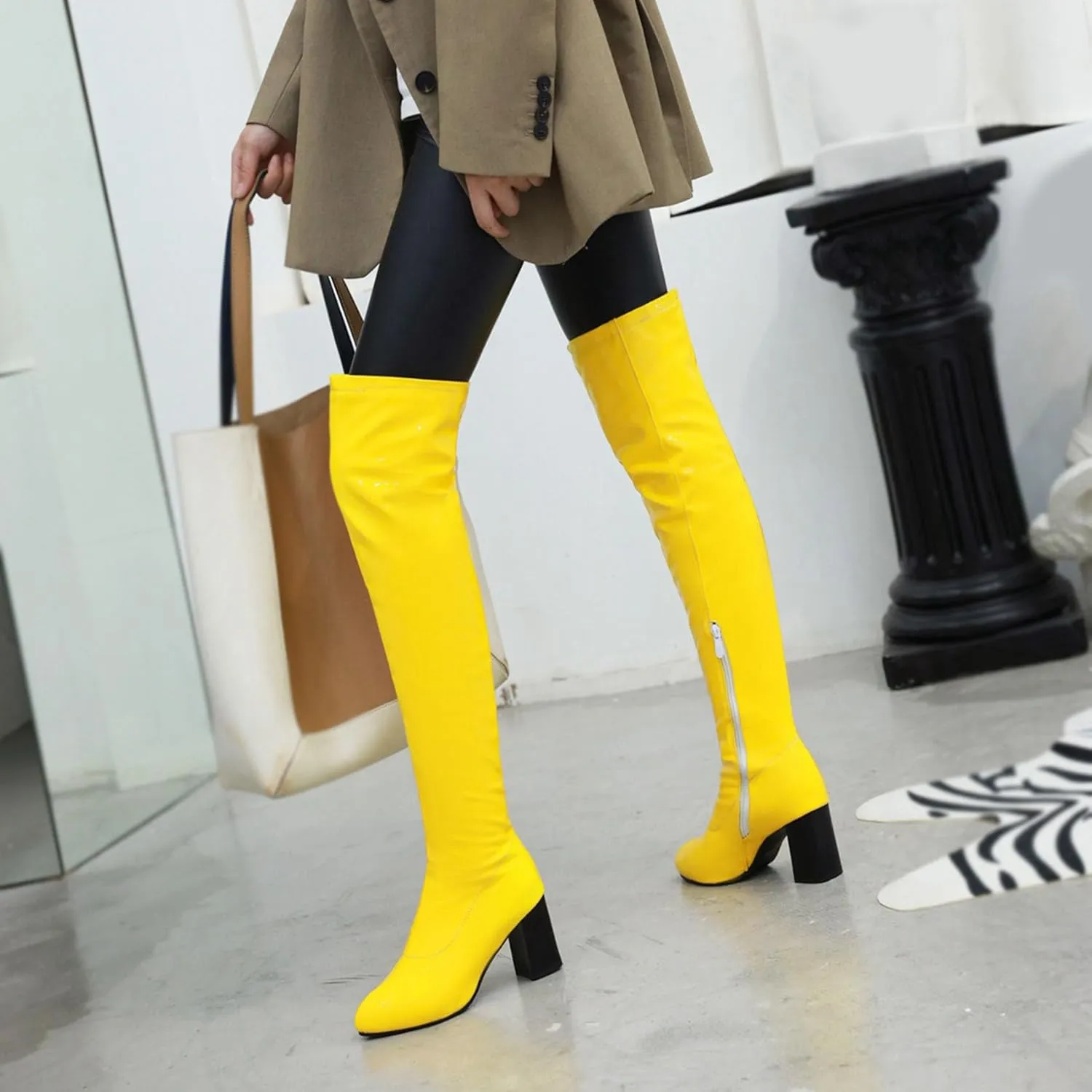 Womens Pointy Patent Leather Thigh High Block Heel Over The Knee Boots Zip Up