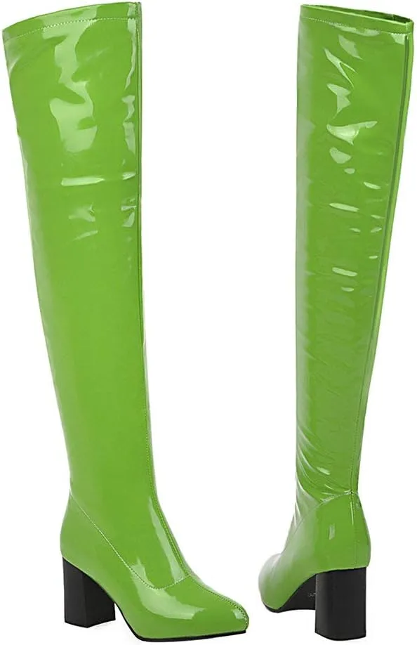 Womens Pointy Patent Leather Thigh High Block Heel Over The Knee Boots Zip Up