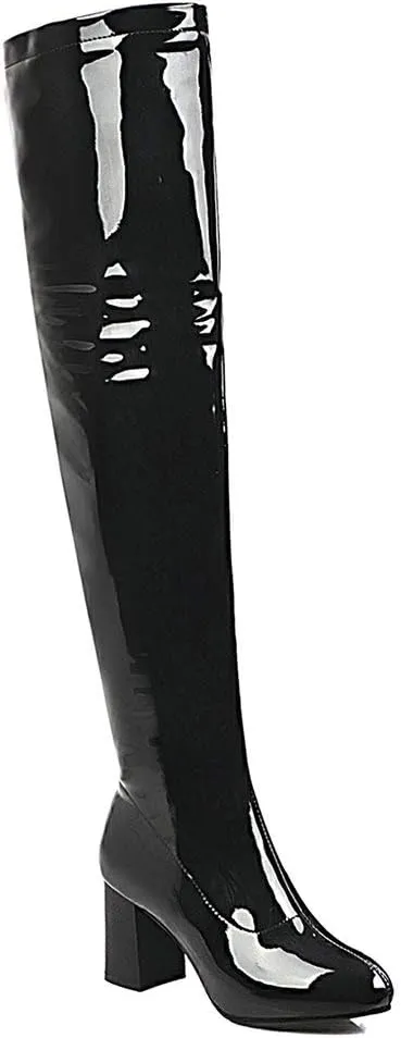 Womens Pointy Patent Leather Thigh High Block Heel Over The Knee Boots Zip Up