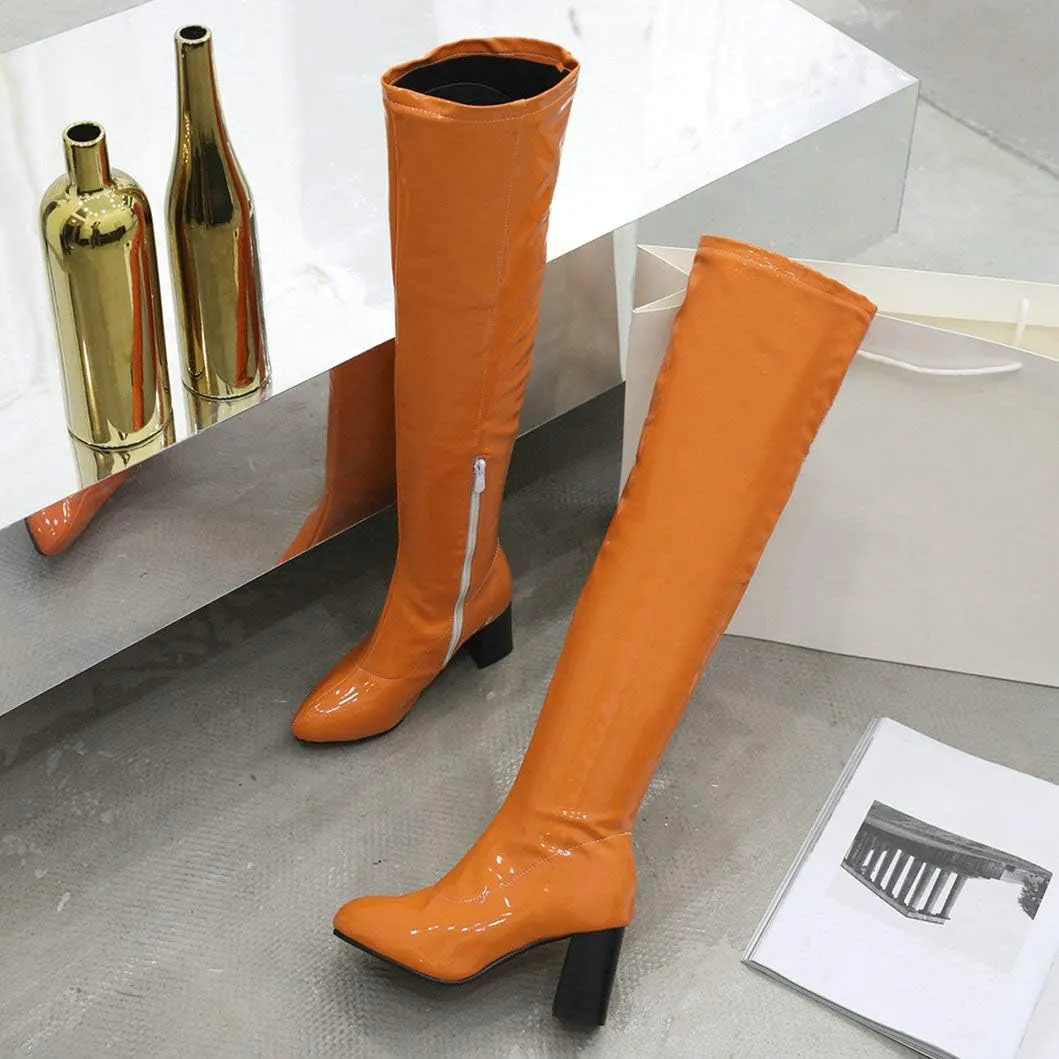 Womens Pointy Patent Leather Thigh High Block Heel Over The Knee Boots Zip Up
