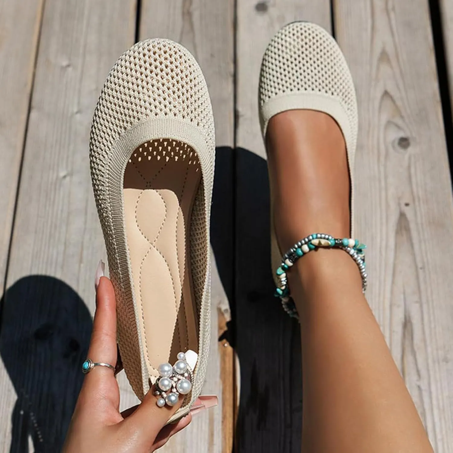 Women's Soft Flats Ballerina, Breathable Mesh Ballet Flats, Comfortable Beach Breathable Mesh Slip on Shoes